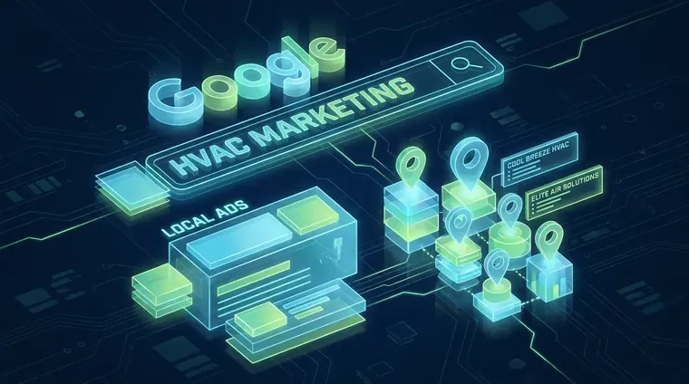 Close-up of a Google search results page showing hvac marketing local ads and map pack listings