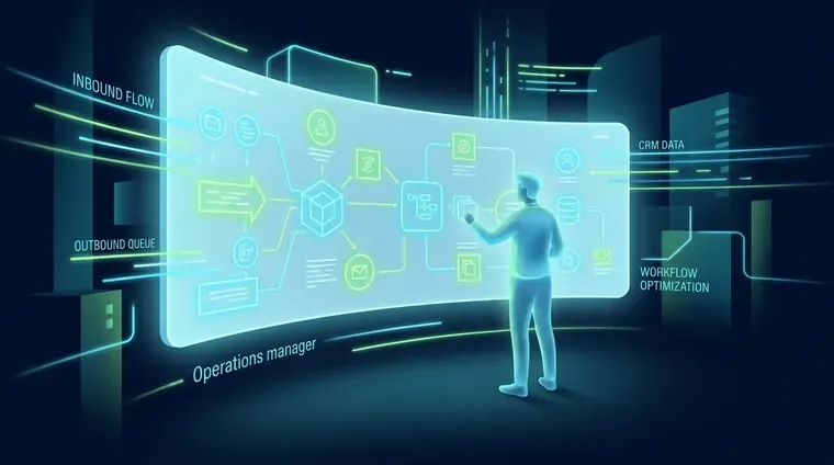 Operations manager mapping out inbound vs outbound call center workflow on a whiteboard with CRM diagrams