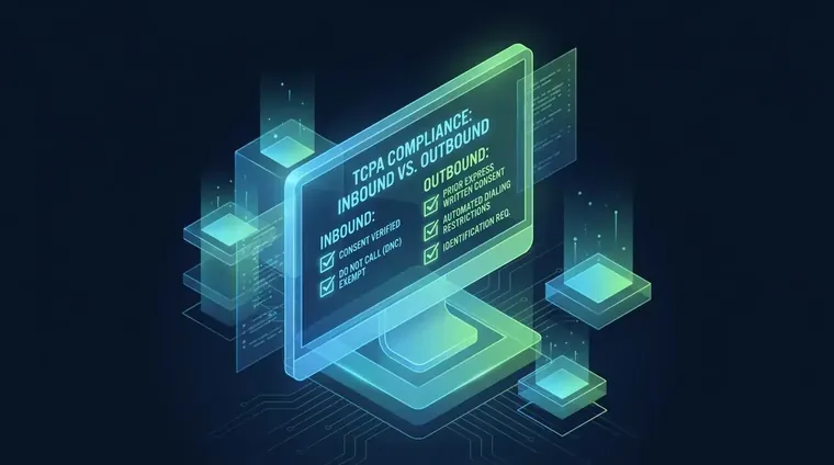 Call center compliance checklist on a monitor showing TCPA rules for inbound vs outbound call centers