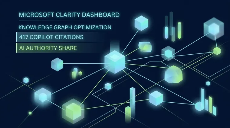 Microsoft Clarity dashboard showing knowledge graph optimization results with 417 Copilot citations and AI authority share
