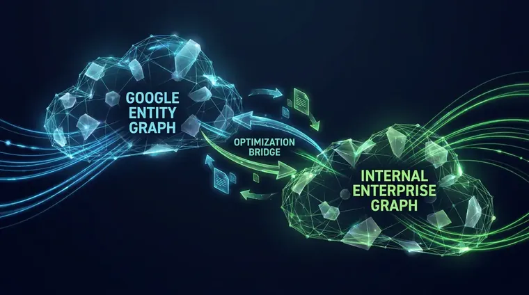 SEO specialist building knowledge graph optimization schema markup on a dual-monitor setup, entity cards visible on screen.