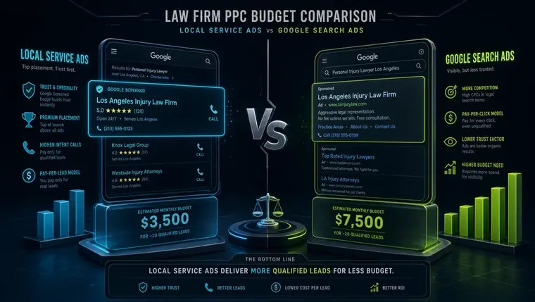 Split-screen showing Local Service Ads and Google Search Ads results for a law firm — law firm ppc agency budget comparison.
