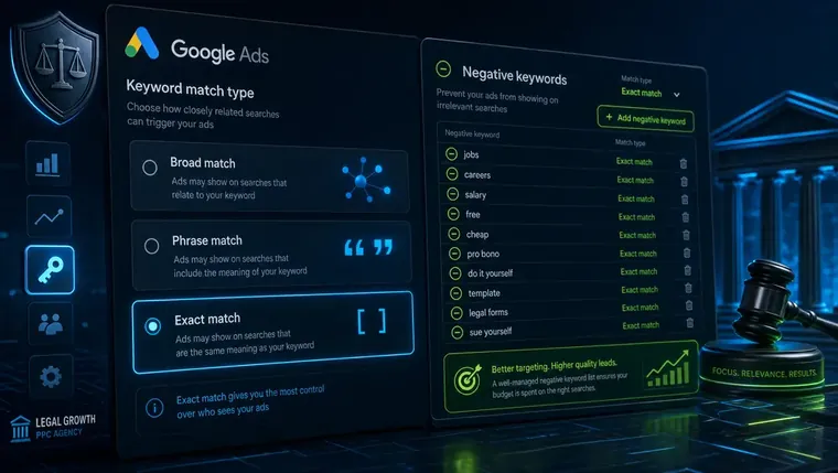 Close-up of a Google Ads keyword match type settings panel — law firm ppc agency negative keyword list management.