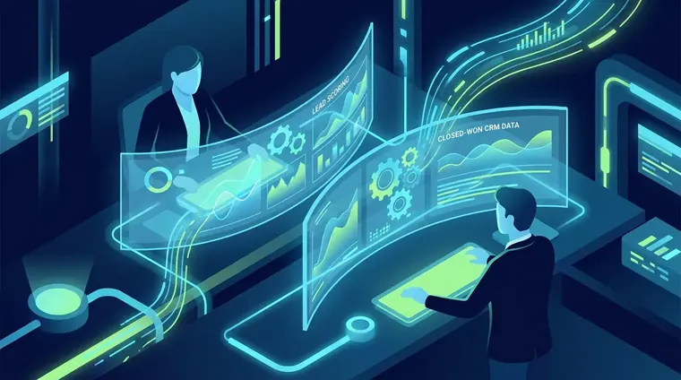 Marketing operations team auditing lead scoring models against closed-won CRM data on dual monitors