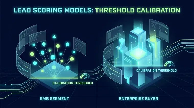 Side-by-side comparison of lead scoring models showing threshold calibration for SMB versus enterprise buyer segments