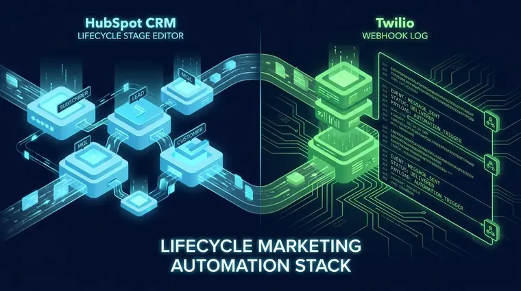 Split screen of HubSpot CRM lifecycle stage editor and Twilio webhook log illustrating lifecycle marketing automation stack