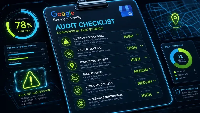 Close-up of a Google Business Profile audit checklist highlighting suspension risk signals for a local SEO audit review
