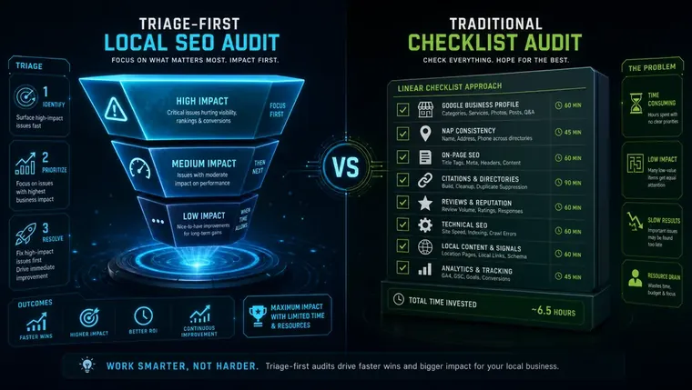 Side-by-side comparison chart showing triage-first local SEO audit priorities versus a traditional checklist audit approach