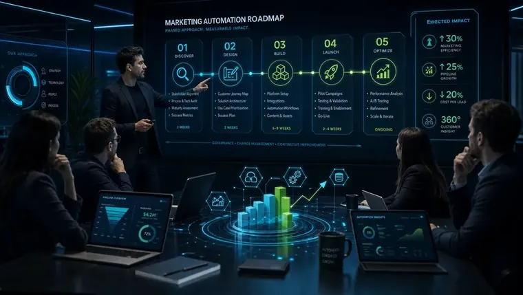 A marketing automation consultant presenting a phased project roadmap to a B2B marketing team in a conference room.