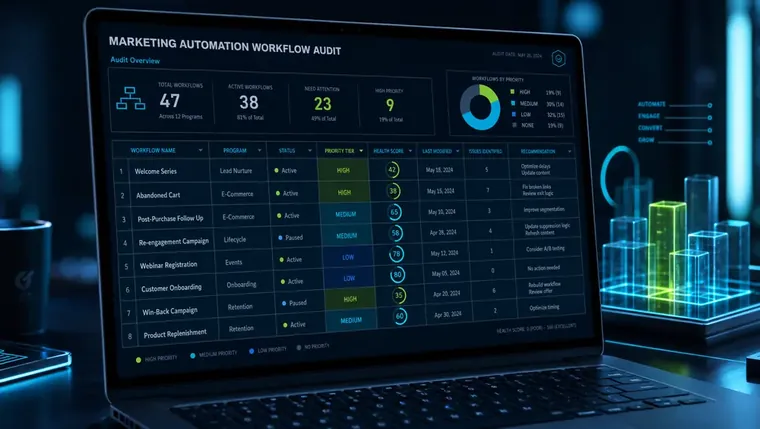 Close-up of a laptop screen showing a marketing automation workflow audit spreadsheet with color-coded priority tiers.