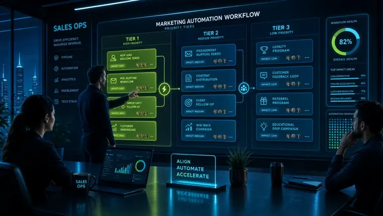 Sales ops team reviewing marketing automation workflow priority tiers mapped on a project management board in an office
