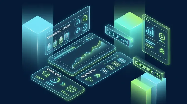 Performance max campaigns learning period dashboard showing conversion data and status indicators