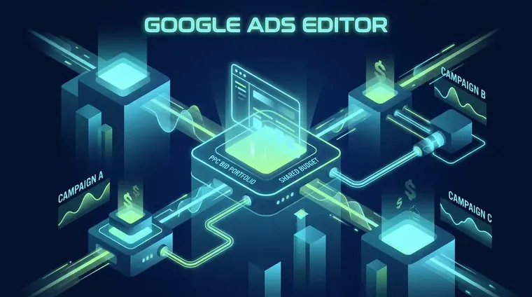 PPC bid strategy portfolio setup in Google Ads Editor showing shared budget optimization across campaigns