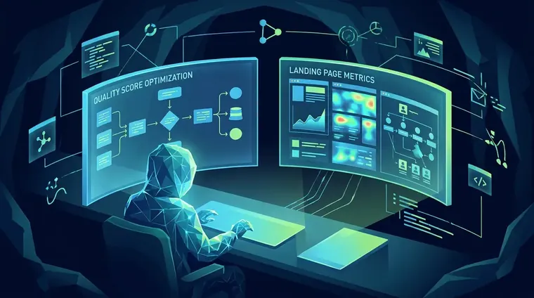 Marketer analyzing landing page experience metrics as part of quality score optimization workflow on dual monitors.