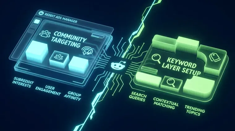 Marketer reviewing Reddit ads targeting dashboard with community and keyword layers on dual monitors in a modern agency