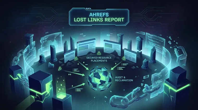 Ahrefs lost-links report showing decayed resource page link building placements needing audit and reclamation