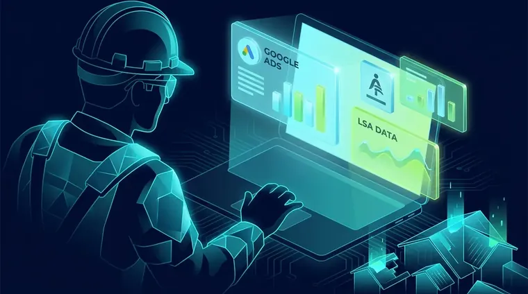 Roofing contractor reviewing marketing dashboard with Google Ads and LSA data on laptop screen