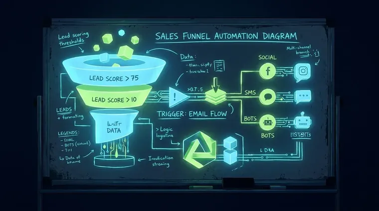 Operator reviewing a sales funnel automation dashboard with lead scoring and multi-channel trigger logic on dual monitors.