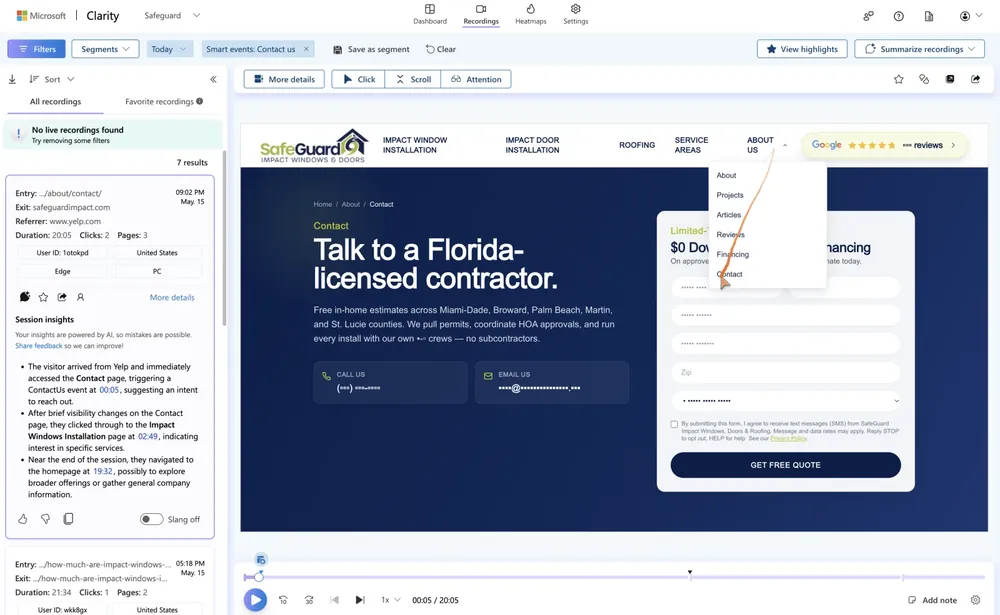 Microsoft Clarity session recording of a Safeguard Impact page
