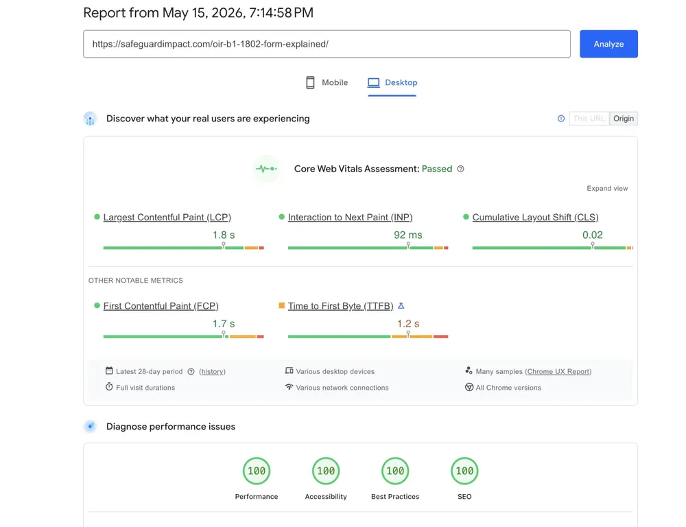 Google PageSpeed Insights desktop report with all scores at 100