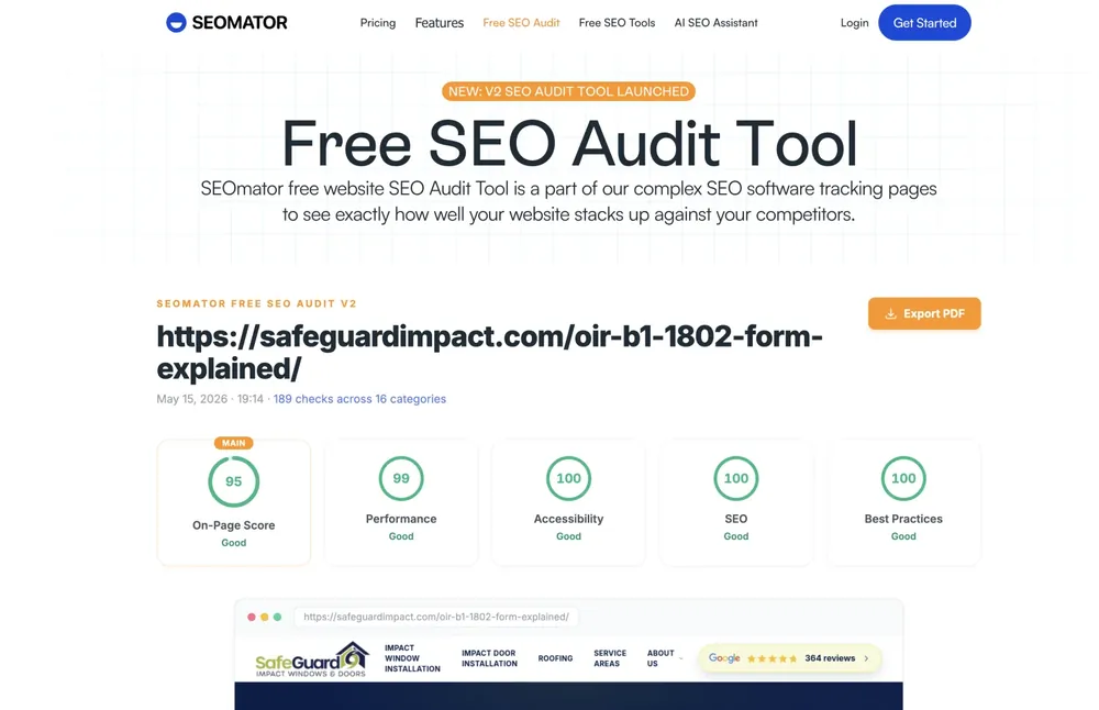 SEOmator Free SEO Audit V2 showing a 95 on-page score