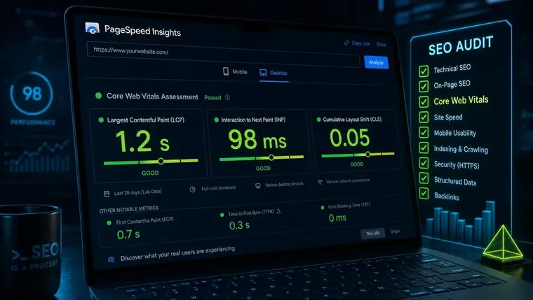 Close-up of a laptop screen showing Core Web Vitals scores inside PageSpeed Insights as part of an SEO audit checklist