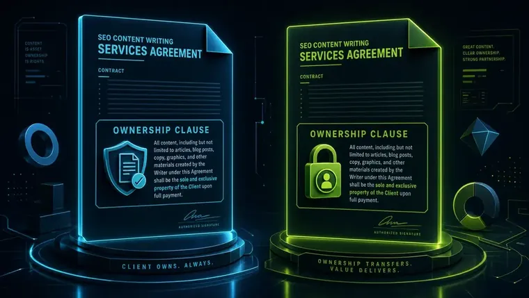 Two contract documents side by side illustrating ownership clauses in seo content writing services agreements