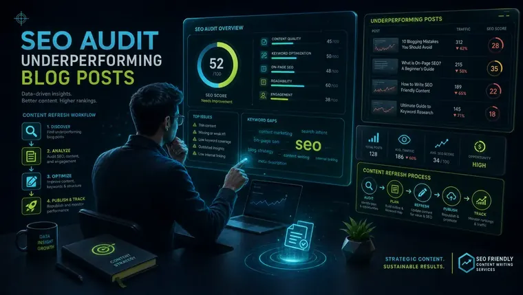 SEO analyst auditing underperforming blog posts for seo friendly content writing services refresh workflow
