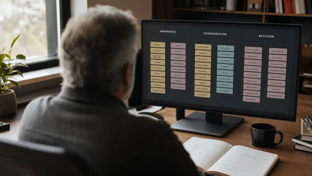 SEO specialist mapping keyword research data across funnel stages on a whiteboard, with analytics charts in the background.