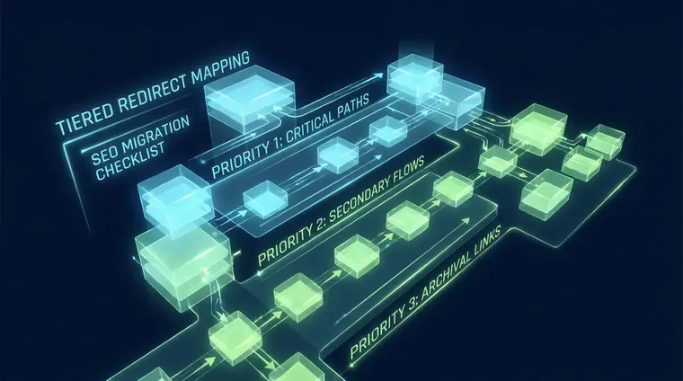 Tiered redirect mapping diagram illustrating seo migration checklist prioritization logic for large sites
