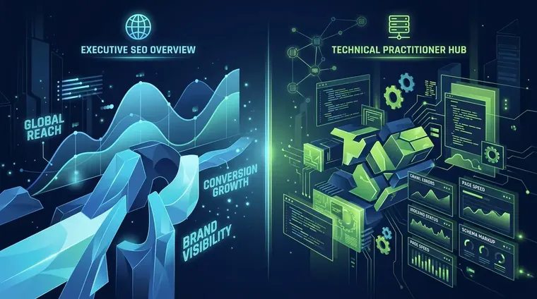 Split-screen comparison of an executive SEO reporting dashboard versus a technical practitioner dashboard showing different