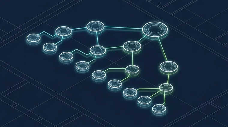 Top-down architectural blueprint of a website sitemap showing hierarchical tree structure with glowing nodes