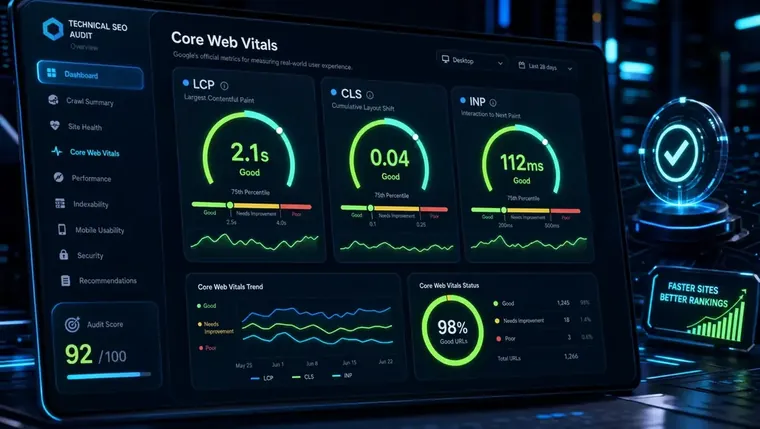 Close-up of a Core Web Vitals dashboard showing LCP, CLS, and INP scores during a technical SEO audit services review