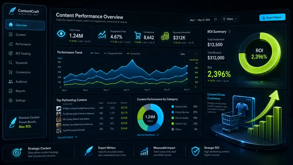 Analytics dashboard showing content performance metrics — website content writing services ROI tracking for an e-commerce