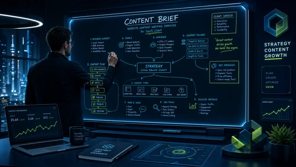Strategist mapping a content brief on a whiteboard — planning website content writing services workflow for a SaaS client