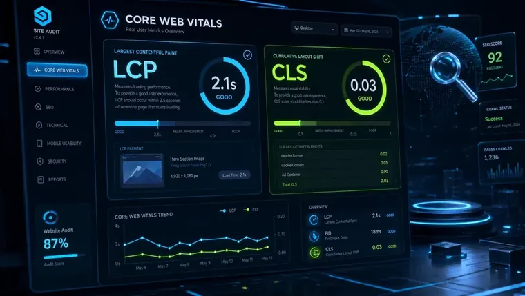 Close-up of Core Web Vitals dashboard showing LCP and CLS scores during website design and seo services audit.