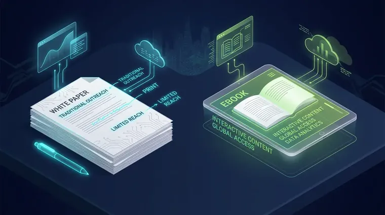 Side-by-side white paper and ebook documents open on a desk. Illustrating the white paper vs ebook format strategy decision